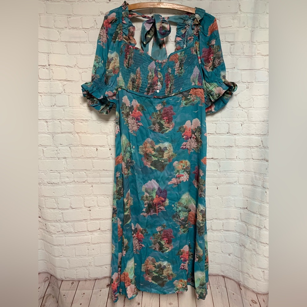 NWOT Anthropologie Teal Floral Smocked Puff Sleeve Midi Dress S - Picture 5 of 9